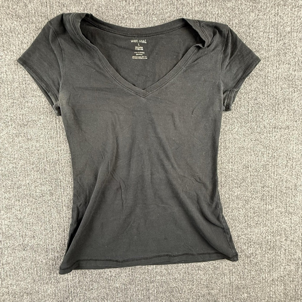 Y2K Wet Seal Shirt Womens Large Black V Neck Short Sleeve Stretch Basic Top
